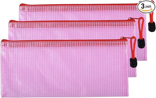 3 Pcs 4.13" x 9.25" Bills Sizes Mesh Zipper Pouch Bags, Mesh Bags with Zipper，Waterproof Clear document pouch for Organization Puzzles Travel, Office, Classroom Organization, Bills Red