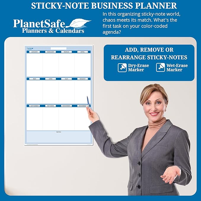 Sky Blue 12-Section Objective Planner: Vertical 36"x 24", Jan-Dec. Complete with Dry-Erase Marker, Eraser & 200 Sticky Notes