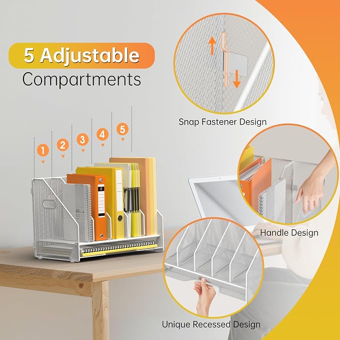 Docnest Desk File Holder Sorter, 5 Vertical Compartments Rack with Letter Tray, Mesh Magazine File Holder with Handle,Workspace Organizers,Desk Organizers for Paper, Mail, Documents-White