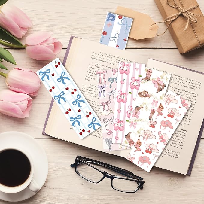 Coquette Aesthetic Bookmarks, 60 Pcs Vintage Cute Paper Book Marks Gifts(6 × 2 in), Pink Bow & Cherry Designs, Double-Sided Glitter-Laminate Reading Accessories for Women and Book Lovers