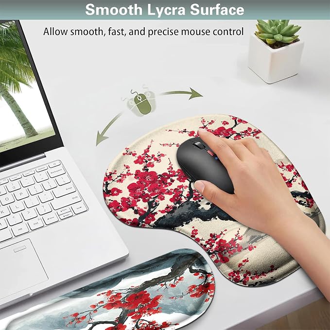 AQQA Japanese Desk Mat Set, Large Gaming Mouse Pad with Wrist Rest, Ergonomic Mouse Pad Keyboard Mat Wrist Support,Phone Holder,Cup Coaster,Home Office Desk Accessories Decor Supplies, Cherry Blossom