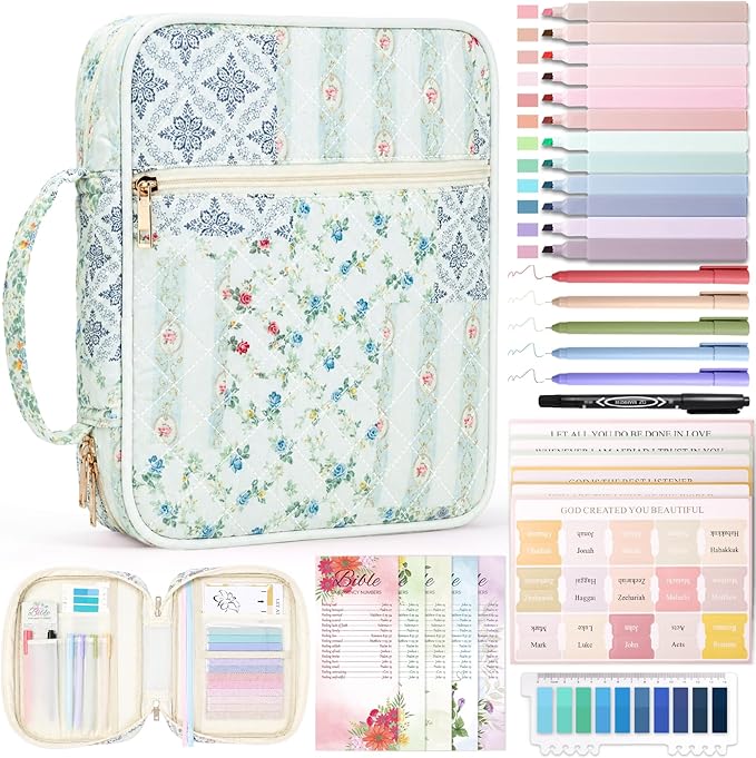 XKDOUS Bible Cover for Women Church Book Holder Quilted Carrying Case with Handle, Tabs, Study Supplies Portable Bible Bag Journaling Kit Christian Gifts for Mom Lady