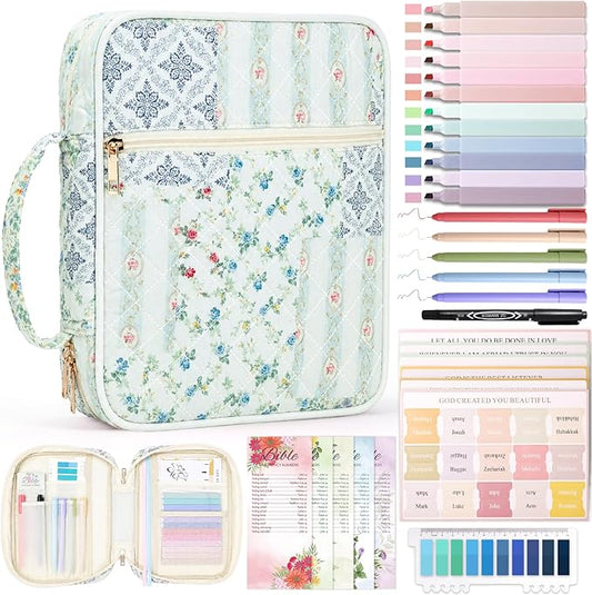 XKDOUS Bible Cover for Women Church Book Holder Quilted Carrying Case with Handle, Tabs, Study Supplies Portable Bible Bag Journaling Kit Christian Gifts for Mom Lady