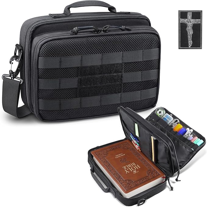 RXW Large Bible Cover Bag for Men Women, Tactical Bible Carrying Case Fully Padded of Double Layer Design, Utility Church Bag Organizer with Shoulder Strap for Tablet Art EDC, Christian Gifts for Mom