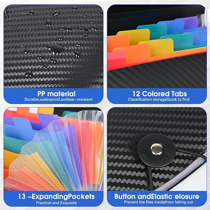 Cesil 2PCS Accordion File Organizer, 13 Pocket Expanding File Folder, 10.2"x5.1" Small Receipt Organizer for Business, Coupon Document Holder, Portable Folder Organizer for Home Office School, Black