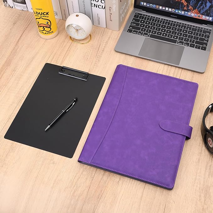 Wason Portfolio Padfolio A4 Leather PU Folder File Document Holder Case with Writing Pad Removable Clipboard Card Stationary Case Phone Tablet Stand for Organizer Office Travel School (Purple)