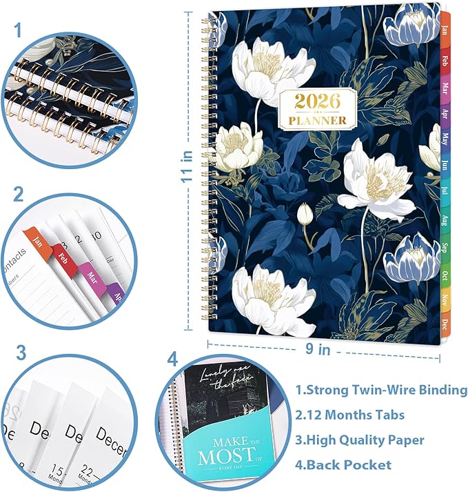 2026 Planner - Jan. 2026 - Dec. 2026, 8.5" x 11", Planner 2026 Weekly & Monthly, 2026 Calendar with 12 Monthly Tabs, Back Pocket