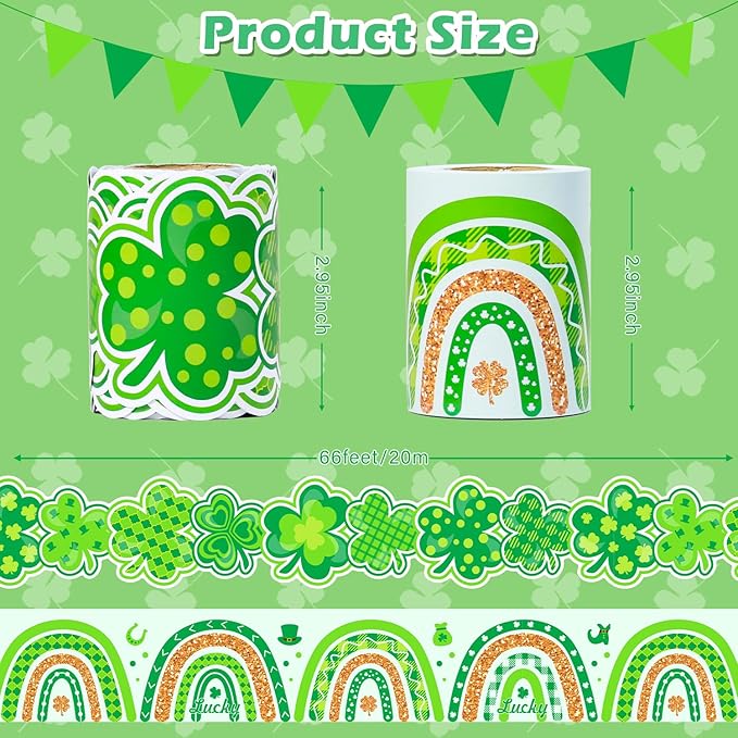 66ft 2 Rolls Shamrock Bulletin Board Borders Clover Boho Rainbow Theme Irish St. Patrick's Day Decorations Paper Border Trim for Classroom School Blackboard Office Chalkboard Themed Party Wall Decor