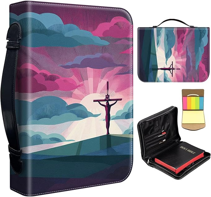 Bible Cover for Men Women,Large Leather Bible Case Fit Book Up to 11x8x2 Inch,Jesus Christ Cross Graphic Bible Covers Bible Carrier Church Bags w/Handle & Zipper