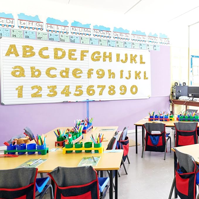 Colarr 216 Pcs Gold Glitter Bulletin Board Letters for Classroom Number Alphabet Punctuation Symbol Cutout 4'' Die-Cut Poster Letter with Adhesive Dot School Graduation Party Holiday Decor Display