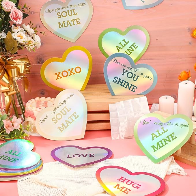 TaoBary 24 Pcs 7.08 Inch Large Heart Cutouts Shiny Iridescent Valentine's Day Conversation Heart Paper Cutouts Craft Pastel Valentines Bulletin Board Decorations for Classroom Poster Wall Party Decor