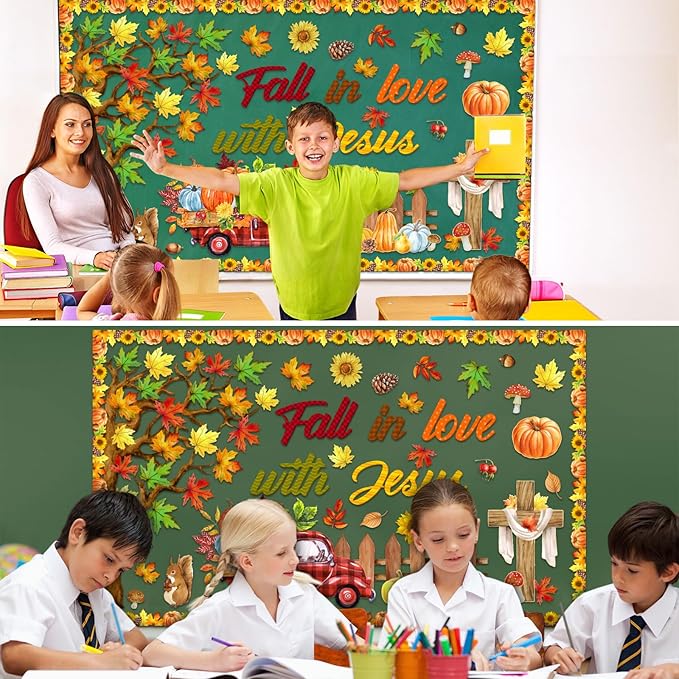 AmazingSpark 99 Pcs Fall Tree Bulletin Board Decorations with 300 Pcs Glue Points Autumn Thanksgiving Maple Leaves Pumpkin Acorns Cutouts Autumn Harvest Cutouts for School Classroom Wall Decoration