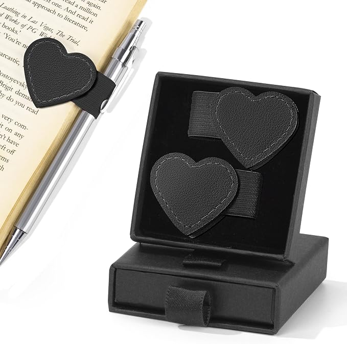 2Pcs Magnetic Leather Heart Bookmarks with Pen Holder, Cute Book Markers Clip with Gift Box, Reading Accessories for Book Lovers Women Teachers Students, Black