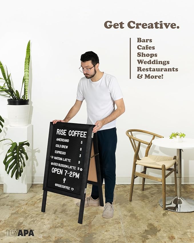 Ilyapa A Frame Sandwich Board Signs Outdoor Chalkboard & Felt Letter Board Sign with Changeable Letters - Wooden 36 x 20 in. Double Sided Magnetic Chalk Board & Letterboard for Sidewalk Advertising