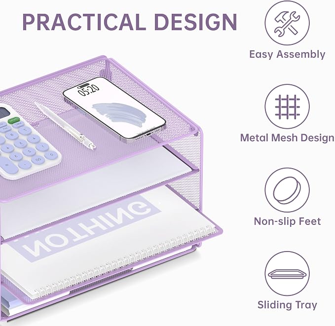 DALTACK 3 Tier Letter Tray Paper Organizer for Desk, Mesh Metal Desk File Organizer with Sliding Trays for Letter/A4 Paper, Mail, Bills & Folders, Light Purple