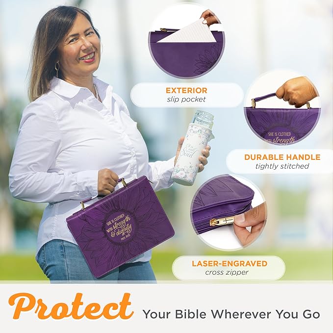 Christian Art Gifts Women's Fashion Bible Cover Strength and Dignity Proverbs 31:25, Purple/Gold Sunflower Faux Leather, Medium