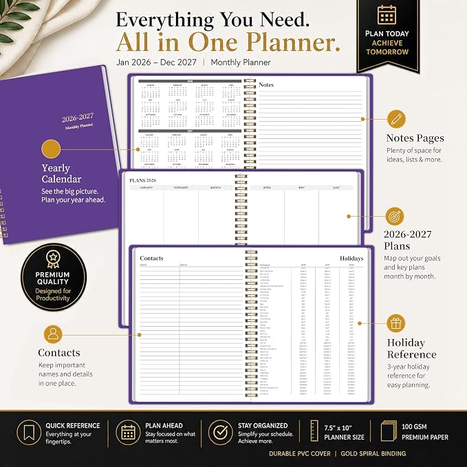 2026-2027 Monthly Planner, Calender Planner from Jan 2026 - Dec 2027, 24 Months for Planning with Habit Tracker, To-Do List, Goals,Summary ,7.5" x 10", Spiral Bindding for Personal Organizer and Office Supplies