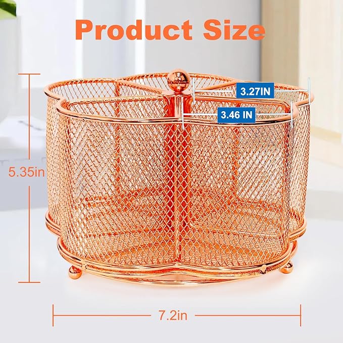 360 Degree Rotate Pen Holder for Desk Mesh Desk Pen Organizer Pencil Holder Large Capacity Accessories & Workspace Organizers for School,Home (Rose Gold, No hook)