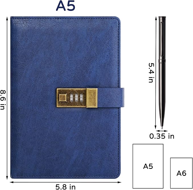 WEMATE Diary with Lock, A5 PU Leather Journal with Lock 240 Pages, Vintage Locks Journal Password Notebook with Pen, Locks Diary Planner Organizer for Men and Women, 8.6x5.8in Blue