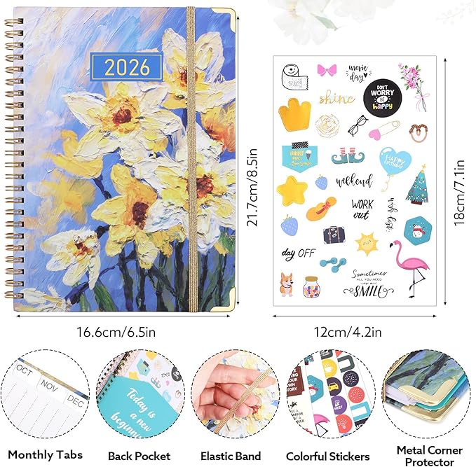 2026 Planner, Weekly and Monthly Planner, January 2026 - December 2026, Calendar Planner A5 (6.5" x 8.5") with Tabs, Inner Pocket for Home School Office Supplies, Yellow Flower