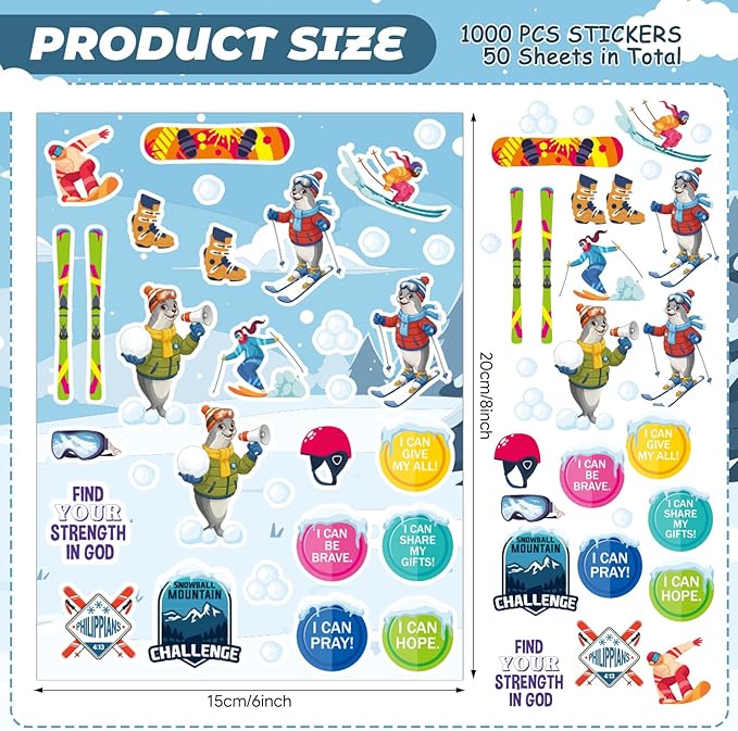 Crtiin 50 Sheets VBS Snowball Mountain Stickers Vacation Bible School Craft Themed Adhesive Stickers, Religious Adventure Decals for Sunday School, Kids Bible Crafts & Activity Reward