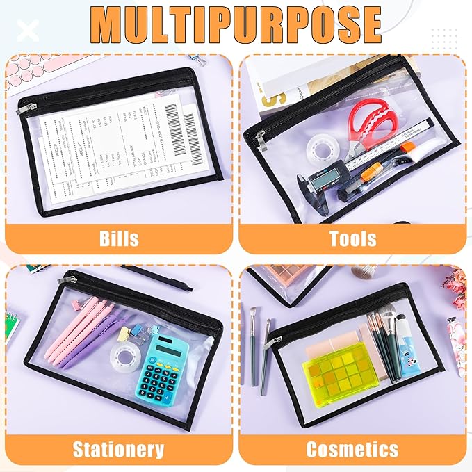 12 Pcs Clear Zipper Pouches, Multi Purpose Pouch Document File Organization Bags, Pencil Pouches, Envelopes Folder Storage for Document Storage, Office Supplies (Black Edgin,13 x 10.5 Inches)