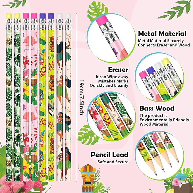 Fainne 72 Pcs Beach Pencils with Eraser Bulk Hawaii Mexican Assorted Pen, Novelty Fun Wooden Pencils for Class School Reward Prize Party Favors Gifts (Hawaii)