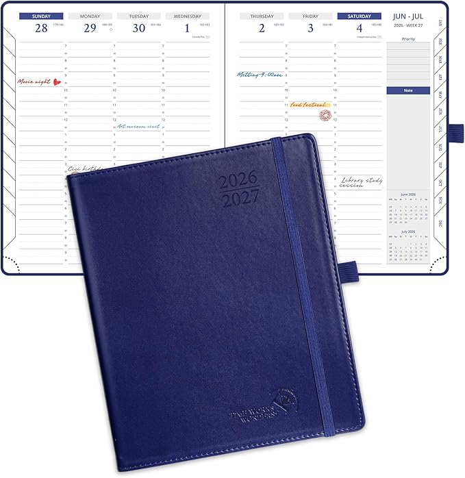 POPRUN 2026 Weekly Planner (Medium 7'' x 8.5''), 30-Minute Hourly Appointment Book (July 2026-June 2027) with Monthly Tabs, Inner-pocket, Pen Holder, PU Leather Softcover - Night Sky Navy Blue