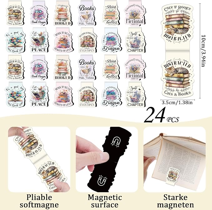 Funny Bookish Magnetic Bookmarks - 24 Pcs Read Books Flowers Magnet Book Marks Bulk Page Markers Clips for Reading Women Kids Lovers Students Teachers School Office Supplies Birthday Gifts