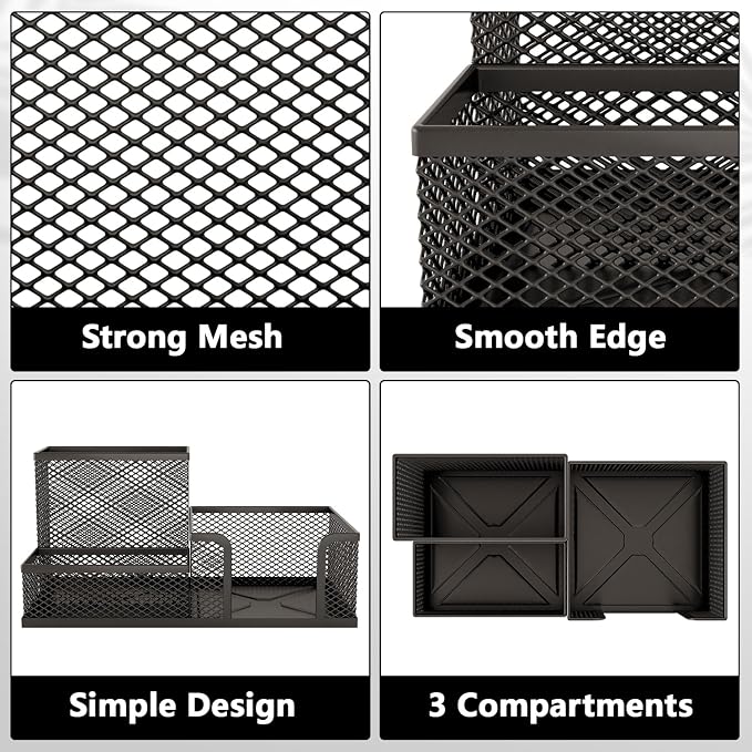 Mesh Pen Holder for Desk 3 Compartment Desk Organizer for Pens Pencils Sticky Notes Office Accessories