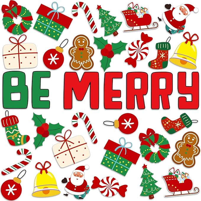 68 Pcs Christmas Classroom Bulletin Border Decor Set Christmas Cutouts Xmas Gingerbread Candy Classroom Decorations Be Merry Christmas Party Supplies for Kids Students Classroom Decors (Be Merry)