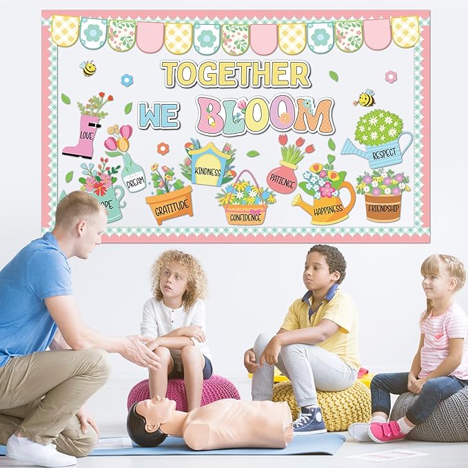 Spring Bulletin Board Decoration Flower Together We Bloom Positive Classroom Decorations Floral Bulletin Board Colorful Wildflower Bee Cutouts for Nursery Chalkboard Window Wall Door Home Office Decor
