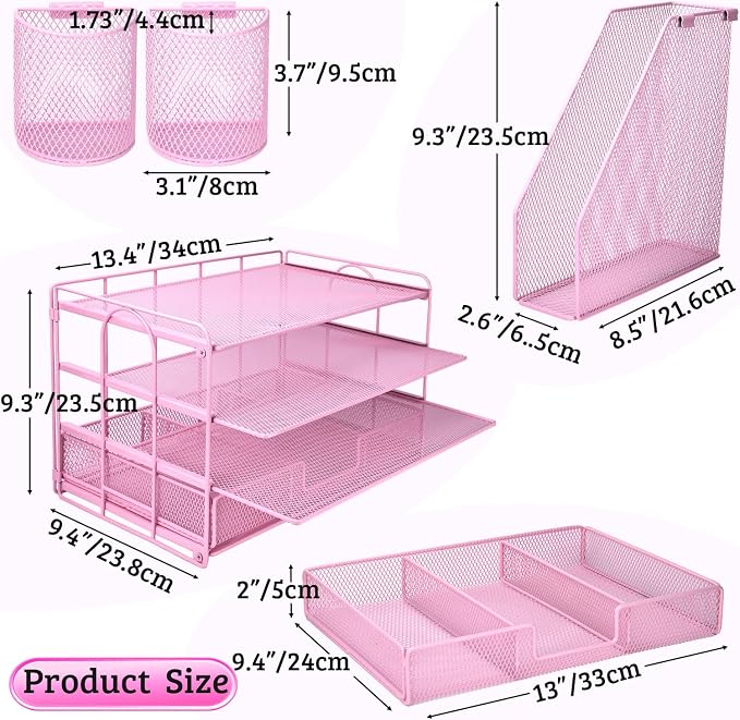 ATOMUS 4 Tier Desk Organizer, File Organizer Drawer Organizer with 2 Hanging Pen Holders Accessories & Workspace Organizers for Office Supplies Pull-Out Design (Pink)