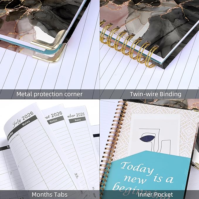 2026 Planner, Jan.2026 - Dec.2026 Weekly Monthly Planner 6.25"x8.5" with Page Tabs, Calendar Hardcover with Inner Pocket, Elastic Band, Twin-Wire Binding, Bookmark, Black Pink Marble