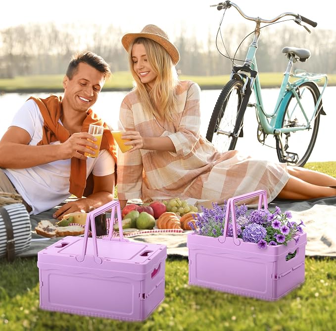 2 Pcs Pastel Plastic Collapsible Storage Crates with Lids and Handle Collapsible Picnic Basket Stackable Storage Bins Cute Foldable Container for Home Kitchen Office Bathroom(Purple)