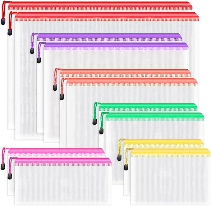 Umriox Zipper Bags, 6 Assorted Size (6 Colors, 12 Packs), Project Bags for Cross Stitch, Mesh Zipper Pouch for Office Supplies Travel Accessories and Board Games Storage