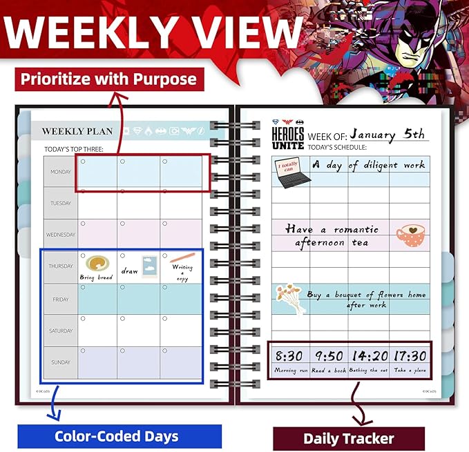 Batman 2026 Planner – Superhero Undated Daily Weekly & Monthly Planner with Calendar & Holiday Tracker, Monthly Tabs, Habit Tracker, 12 Months Spiral Agenda Book for Office School Gift Supplies