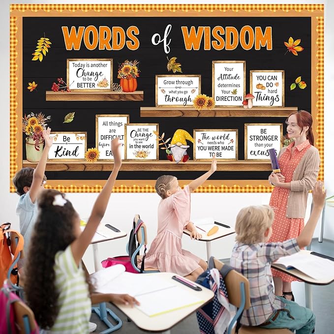 Fall Thanksgiving Bulletin Board Set Bookshelf Words of Wisdom Bulletin Board Boarder Motivational Fall Classroom Decorations Autumn Inspirational Positive Paper Cutout for Classroom Wall Decor