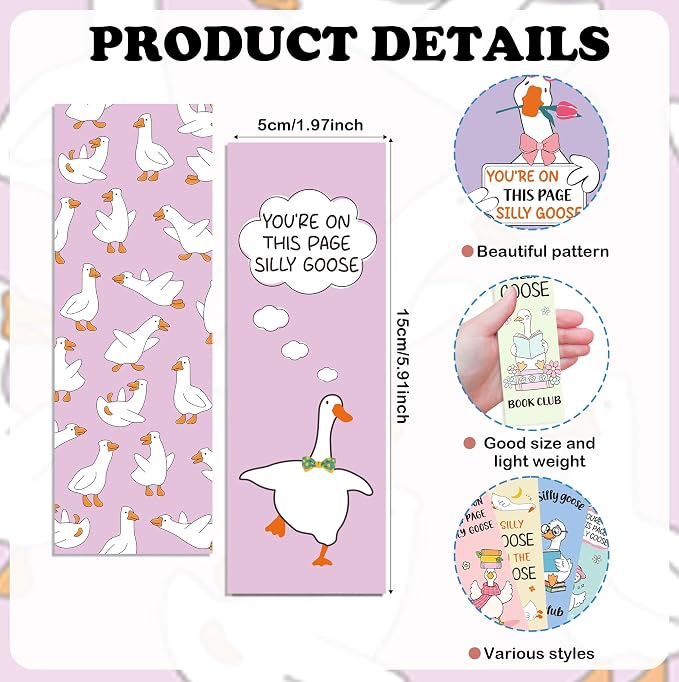 Cute Goose Bookmarks for Readers, 100 Pcs Funny Reading Bookmarks with Quotes “You’re on This Page Silly Goose”, Double-Sided Matte Coated Paper, Gifts for Women Men Students Book Lovers