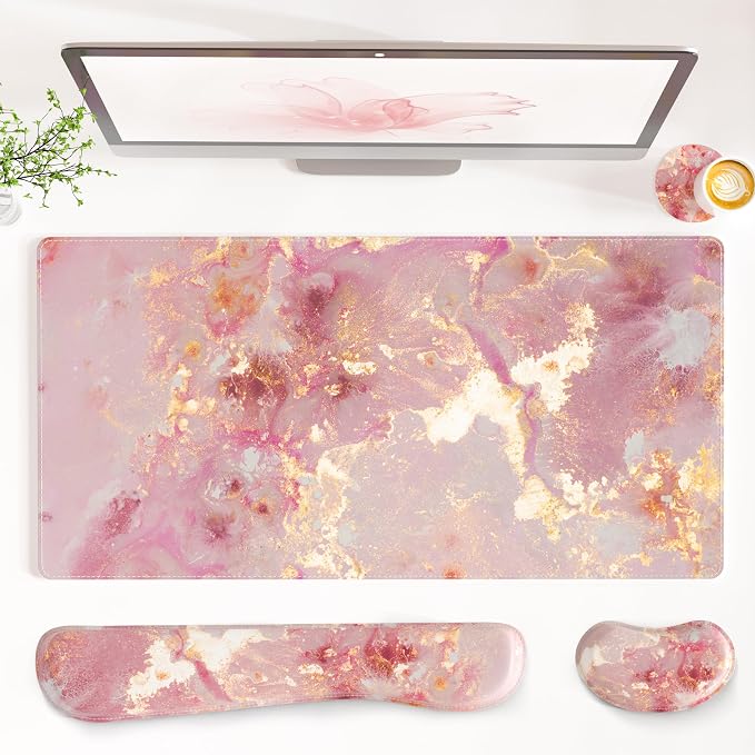 QiyI Leather Desk Mat Set, 4-in-1 Large Mouse Pad with Wrist Rest, Non-Slip Desk Pad + Keyboard Wrist Rest + Mouse Wrist Support + Coaster, Office Desk Accessories Home Decor Supplies, Pink Marble
