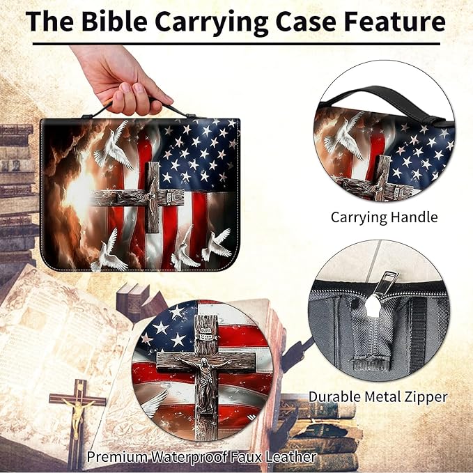 Bible Cover for Men Women,Large Leather Bible Case Fit Book Up to 11x8x2 Inch,American Flag with Cross Dove Bible Covers Bible Study Carrier Church Bags w/Handle & Zipper