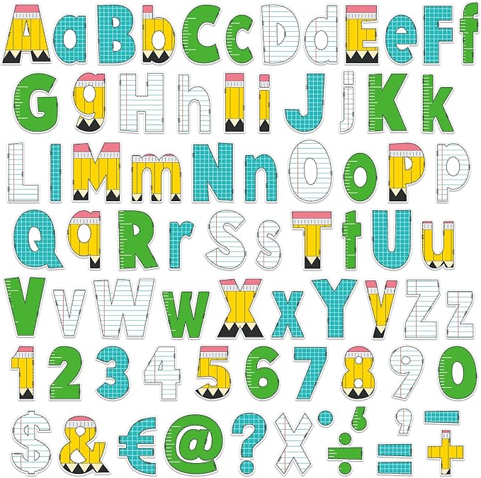 150Pcs Bulletin Board Letters Back to School Classroom Decor Pencil Lined Ruler Checked Alphabet Combo Set Alphabets Numbers Symbols Paper Cutouts for School Classroom Blackboard Decoration Supplies