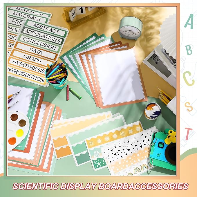 Fuyoooo 90 Pcs Science Fair Board Supplies 60 Trim Scalloped Bulletin Board Borders 24 Presentation Board Subtitles 6 Science Fair Titles for Classroom Display Boards(Geen Boho)