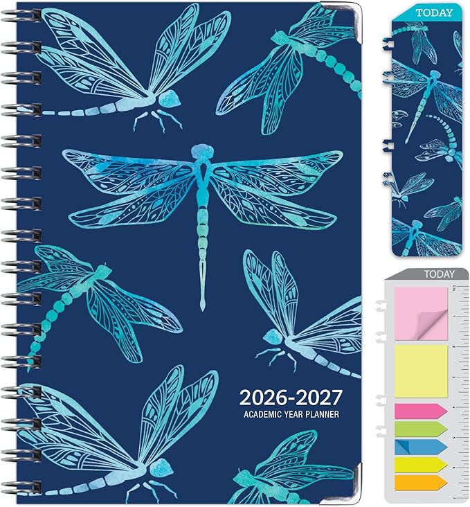 HARDCOVER Academic Year 2026-2027 Planner: 14 Months (May 2026 Through June 2027) 5.5"x 8" Daily Weekly Monthly Planner Yearly Agenda. Bookmark, Pocket Folder and Sticky Note Set (Dragonflies)