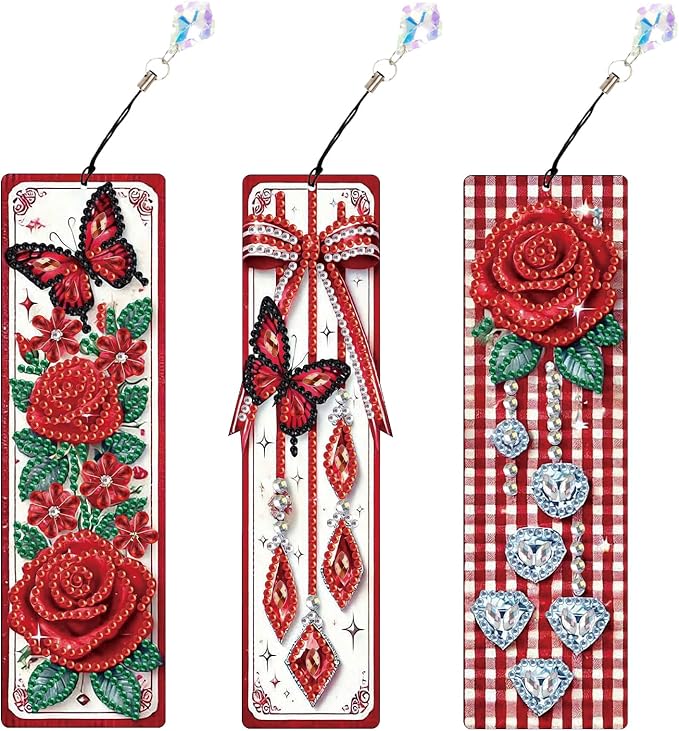 Tontut 3pcs Diamond Art Painting Kit Bookmark, Bow Rose Exquisite General DIY Bookmark, Lightweight and Durable, Suitable for Reading Lovers