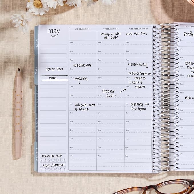 7x9 Coiled Life Planner (January 2026 - December 2026) - Bouquet Wallpaper (blue) classic cover, hourly layout, Minimal theme, platinum coil
