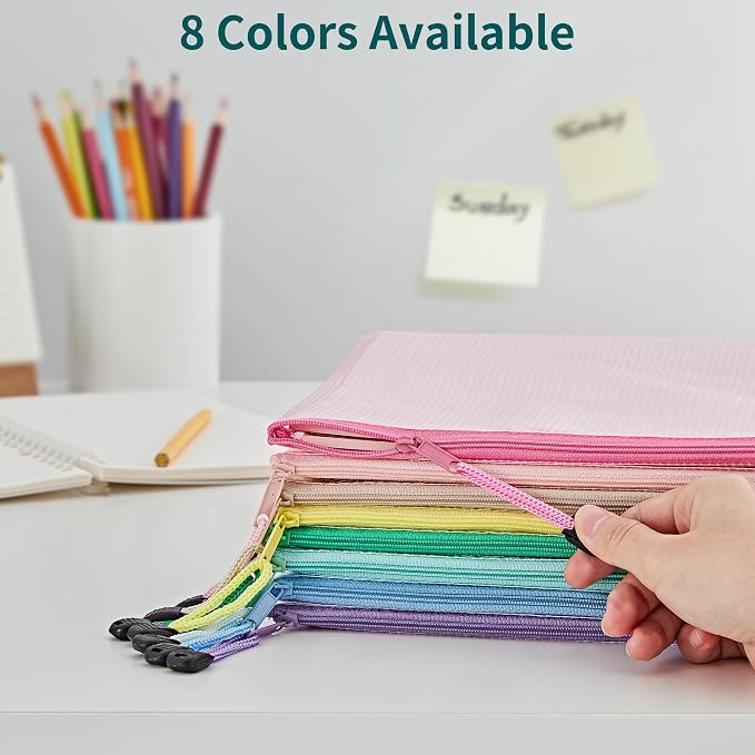 JARLINK 16pcs Mesh Zipper Pouch for Organizing, A4 Size Waterproof Zipper Storage Bags, 8 Colors Plastic File Pouch, Multipurpose for Travel, School, Board Game, Puzzles, Office, and Home Organize