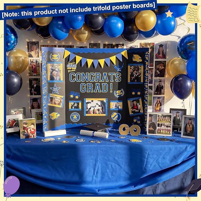 31 Pcs Graduation Photo Poster Board Decor Set Include 28 Sheets Graduation Themed Stickers 2 Rolls Picture Frame Tape 1 PC Banner for 2026 Grad Party College Board Photo Frame Decor(Blue)