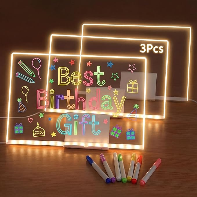 Led Dry Erase Board for Kids, 3 Pack Light Up Drawing Board with Stand, Rechargeable Acrylic Message Pad with 7 Color Markers, Glow Writing Tablet for Birthday Party Favors Rewards Gifts