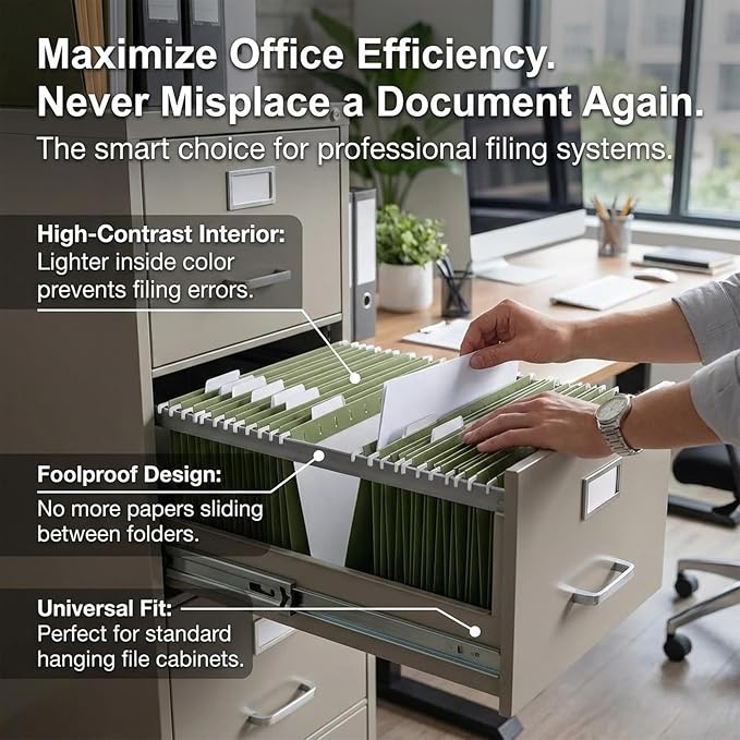 VZCPYTPM 25 Packs Hanging File Folders,Standard Green File Folders for Filing Cabinet,1/5 Adjustable Tabs & Labels,Bulk File Organizer for Office,School,Home
